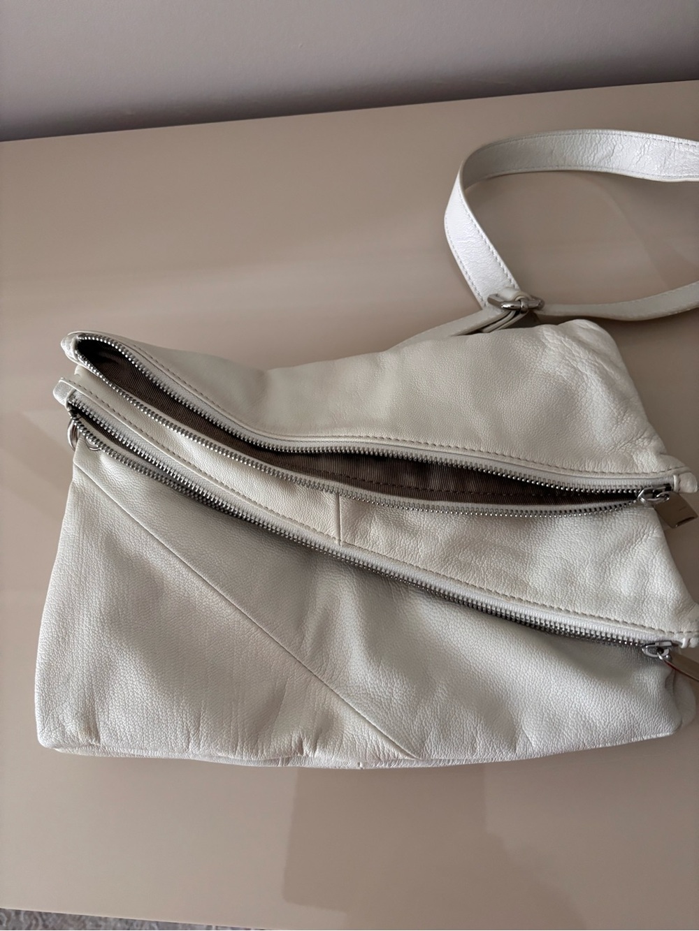 Hype Cream Leather Crossbody Bag with Double Zips